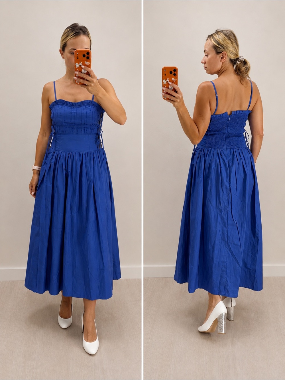 Moon River Tuckernuck Royal Blue Cotton Midi Dress with Spaghetti Straps S L NEW